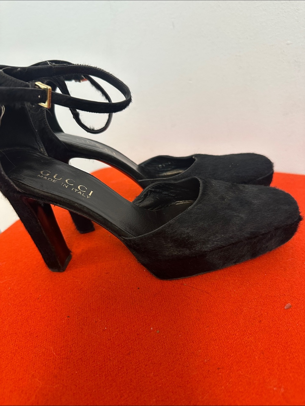 Gucci Black fur  Platform Ankle-Strap Pumps with Block Heel